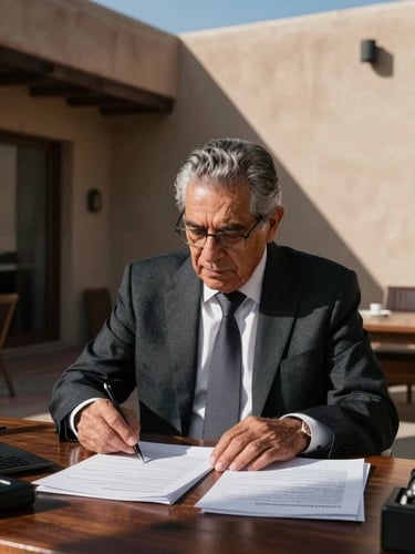 Sober environmental portrait of a senior Mexican corporate partner in a high-contrast, naturally lit office in Santa Fe, deep shadows, clean architectural lines, reviewing physical legal documents on a dark wooden desk.