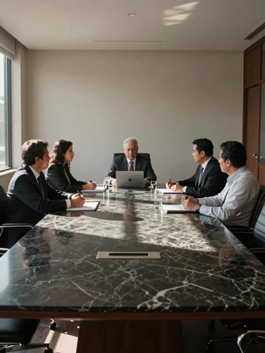 Wide shot of a sober, high-contrast Mexican corporate boardroom in Santa Fe, natural daylight casting deep shadows on a dark marble table, clean architectural lines.