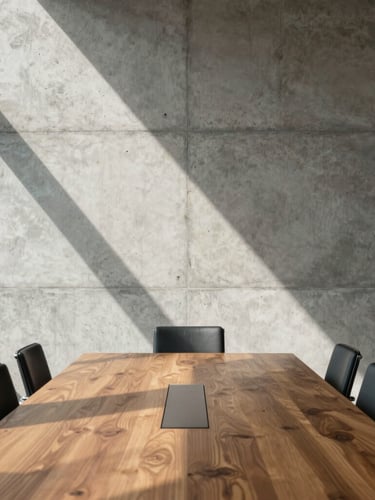 Wide environmental shot of a modern architectural boardroom in Mexico City, sharp natural daylight casting deep shadows on a concrete wall, a heavy oak table in the foreground.