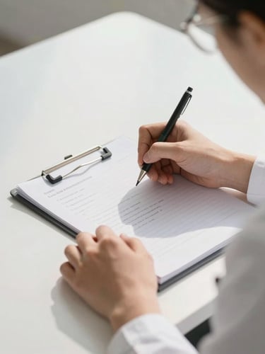 Over-the-shoulder shot of a therapist's hands writing structured case conceptualization notes on a clean desk, bright natural daylight, academic environment.