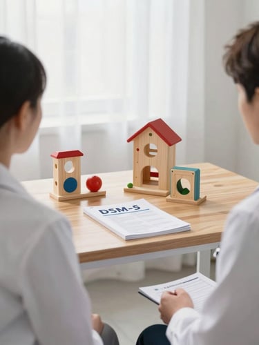 Over-the-shoulder shot of a clinical psychologist sitting in a bright, natural-light office, structured developmental toys and a DSM-5 manual visible on a clean wooden desk, professional and academic atmosphere.