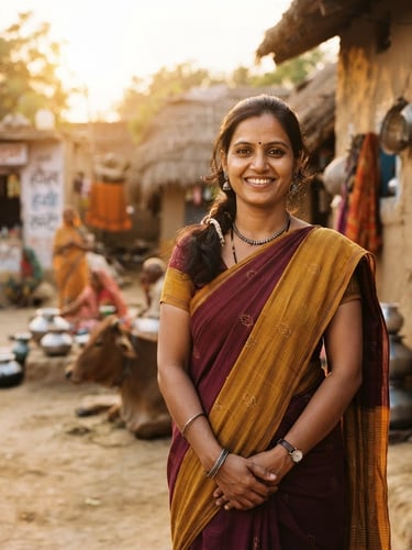 Dignified portrait of a female Indian entrepreneur smiling in warm golden-hour sunlight in a rural village setting, 35mm lens