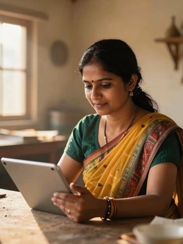 Medium portrait of an Indian female entrepreneur in a bright rural workshop, working on a digital tablet, warm natural lighting, dignified and active setting