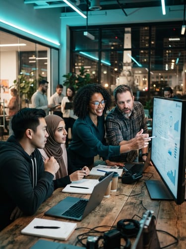 A vibrant collaborative workshop in Indianapolis, diverse local professionals analyzing a project on a screen under cool cyan LED lighting, dynamic 35mm photography.