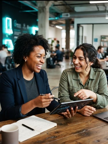 Portrait of two diverse local founders collaborating in a modern Indianapolis innovation space, vibrant neon cyan accents in the background, sharp focus, 35mm