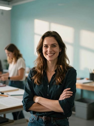 A local Indiana female entrepreneur smiling confidently in a modern workshop space, warm natural light, soft cyan background reflections, 35mm portrait