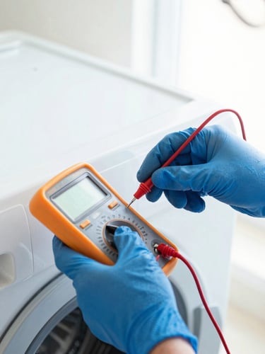 Close-up of a technician's hands in blue gloves using a digital multimeter to test a washing machine's heating element, bright natural utility light.
