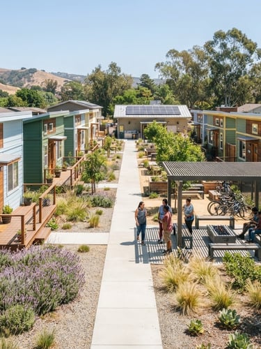 Bright, clean architectural shot of a DignityMoves private cabin community under clear California sunlight, focusing on the individual units and communal spaces, 35mm lens.