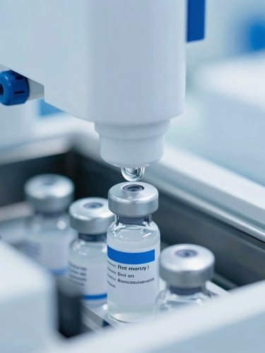 Macro close-up of a sterile automated packaging line sealing generic medication vials under cool-toned blue and white laboratory lighting.