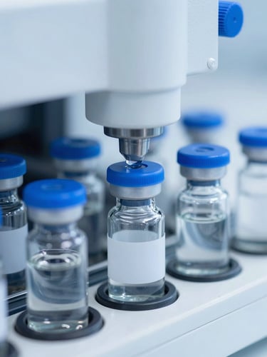 Macro close-up of a sterile automated liquid vial filling line, bright cool-toned laboratory lighting, medical blue and sterile white tones, sharp focus on glass vials