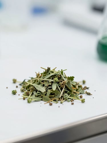 Macro close-up of raw botanical ingredients being analyzed on a sterile stainless steel counter, bright white studio light, subtle deep green accents