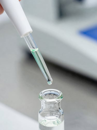 Macro close-up of a sterile laboratory pipette dispensing clear liquid into a glass vial, stainless steel background, sharp focus, clinical white light with subtle deep green reflections