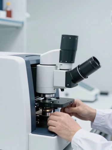 A professional scientist in a clean white lab coat operating high-precision chromatography equipment, sterile lab setting, bright clinical lighting, 35mm lens