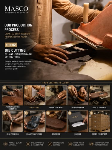 Artisan using a swing arm cutting press for precision leather die cutting in a handmade footwear workshop.