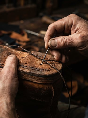 Macro shot of a master artisan's hands hand-stitching thick waxed thread through a heavy leather sole, dramatic side-lighting, warm sand tones.