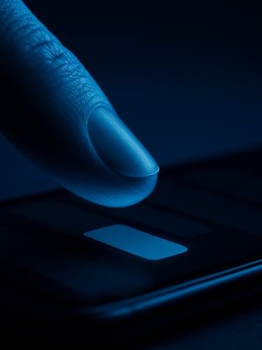 Extreme close-up macro shot of a hand tapping a high-contrast dark-mode interface on a smartphone screen, sharp shadows, deep blue studio lighting