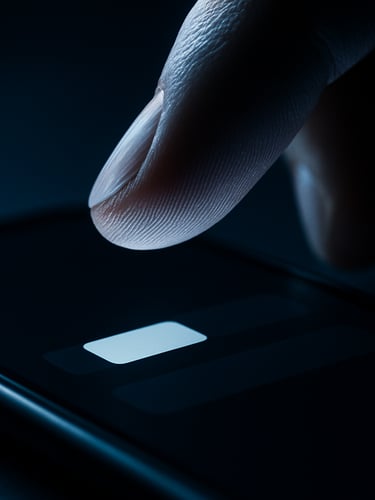 Extreme close-up macro shot of a hand tapping a high-contrast dark-mode interface on a smartphone, dramatic studio lighting, sharp shadows, deep blue tones