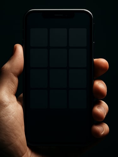 Macro photograph of a hand holding a sleek, dark-mode smartphone interface displaying a clean grid utility, sharp shadows, deep moody tones, high-contrast details