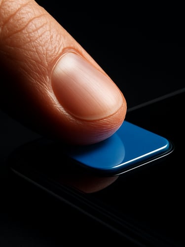 Extreme close-up macro shot of a thumb pressing a glossy blue interface button on a modern smartphone, dramatic studio lighting, sharp shadows, deep black background