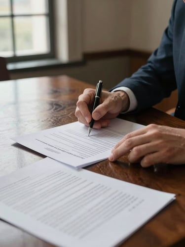 Close detail of hands reviewing a multi-page commercial loan agreement on a dark walnut boardroom table, natural daylight entering from tall institutional windows at left, papers spread with a pen resting mid-signature