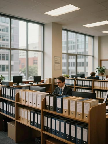 Wide shot of an established financial district office interior, rows of deal folders on shelves behind a broker's desk, warm institutional daylight through tall windows, no people visible, atmosphere of methodical authority