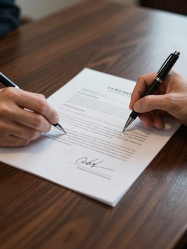 Close detail of a hand placing a pen beside a signed commercial loan agreement on a dark walnut boardroom table, cool institutional overhead light, shallow depth of field on the document page