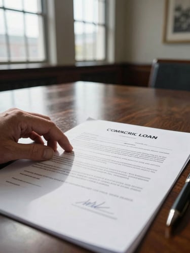 Close detail of a commercial loan agreement on a boardroom table, a hand resting near a signature line, natural daylight through tall institutional windows casting cool even light across the document pages, shallow depth of field, ink pen visible at the edge of frame