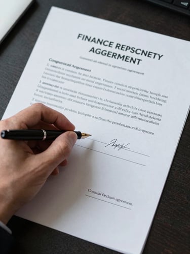 Close overhead shot of a commercial finance agreement document spread flat on a dark desk, a hand holding a fountain pen above a signature line, cool overhead office light, document edges sharp and precise