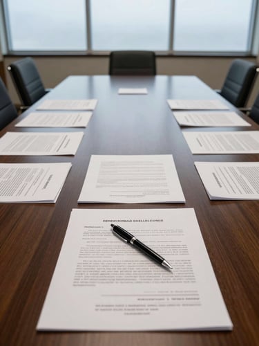 Panoramic view across a long boardroom table with term sheets and bound deal documents arranged neatly, a single pen resting on the top page, cool diffuse light from a wall of frosted institutional windows, no people