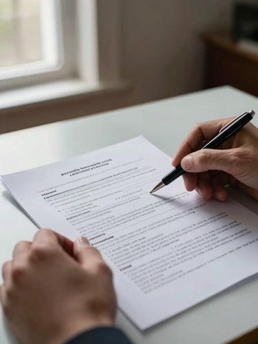 Close detail of hands reviewing a printed commercial loan application on a wide desk, a pen resting across the document, cool natural light from a tall institutional window at left, papers crisp and precise