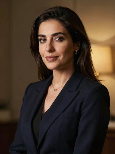 Elegant professional portrait of founder Amina Driouech in a dark navy academic setting, soft gold side-lighting, sharp macro focus, high-end editorial style