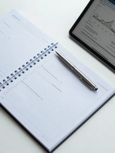 Top-down desk layout featuring structured paper ledgers, a high-end metal pen, and a modern tablet displaying clean financial charts under bright overcast daylight.