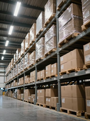 Wide interior of a large UK warehouse, low angle looking down a long aisle of steel shelving stacked with sealed cardboard boxes under cool overhead fluorescent light, inventory in sharp focus, no people