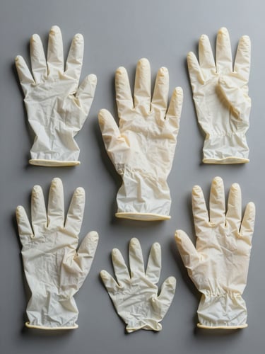 Overhead flat-lay of nitrile and vinyl examination gloves in multiple sizes arranged on a neutral grey surface, cool studio lighting, tight product study