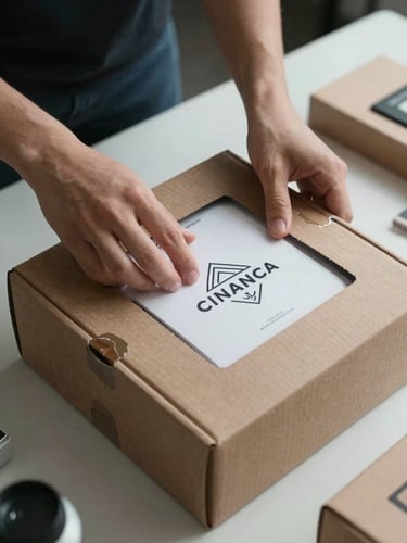 Close overhead shot of hands placing a branded merchandise item into a kraft shipping box on a packing table, cool studio lighting, organised packing materials visible at the edges of the frame