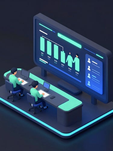 An isometric 3D render of a futuristic high school classroom dashboard, dark-mode styling with glowing neon mint and electric blue lines, showing career progression maps and student metrics, clean vector design