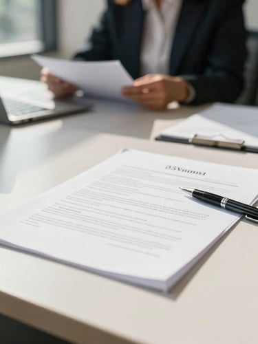 Close-up of legal documents and a pen on a modern desk, with a blurred background of an Indonesian property agent consulting a client, bright natural daylight, soft shadows, 35mm.