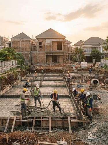 Wide shot of a modern Indonesian residential construction site at golden hour, showing the foundation being laid, safety gear visible, clean and professional, soft shadows, 35mm.