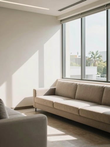Modern, clean consultation room interior with comfortable seating and a large window, bright natural daylight, architectural details, soft shadows, realistic Indonesian context, 35mm