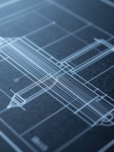 Macro shot of a high-end industrial design schematic with sharp technical lines and cool blue highlights, 35mm