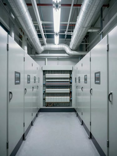 Crisp architectural view of a pristine commercial mechanical room, neatly organized HVAC ducts and gleaming electrical panels under technical white light, symmetrical framing