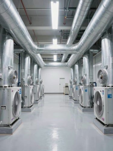 Symmetrical wide shot of a pristine commercial mechanical room with neatly organized HVAC ducts and immaculate steel pipes under crisp technical white light.