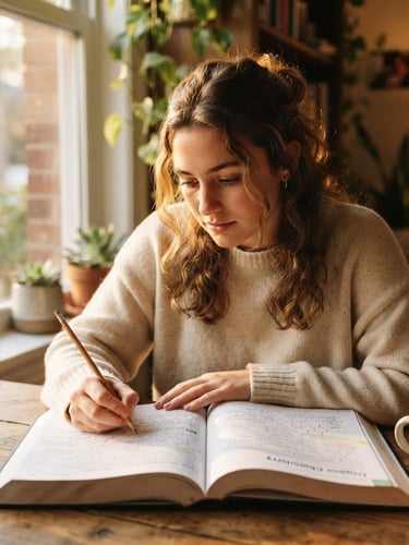 A young student studying diligently at a desk, bathed in warm golden-hour light, focused expression, shallow depth of field, rich organic tones, authentic human connection, pencil in hand, open book, soft background blur, natural light from window to the left.