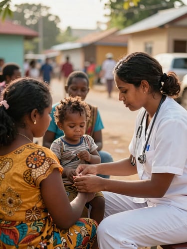 A community health worker gently assisting a mother and child at a pop-up clinic in a vibrant neighborhood, warm natural light, genuine interaction, focus on connection, shallow depth of field.