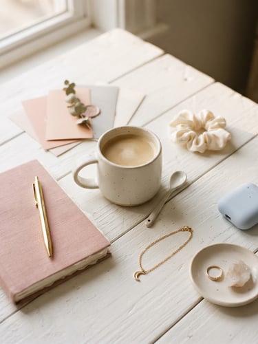 Bright lifestyle flat-lay of minimalist pastel accessories and a ceramic mug on a white wooden table, soft natural daylight, warm shadows, 35mm