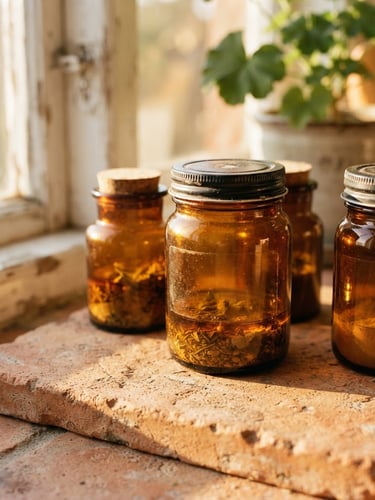 Macro close-up of amber glass jars resting on a sun-drenched terracotta surface, warm golden hour window light.