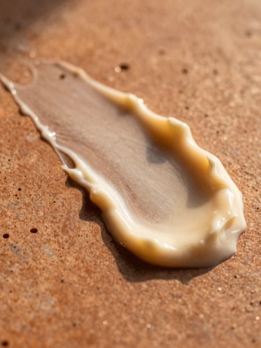 Macro close-up of a rich cream swipe on a warm terracotta tile, showcasing unfiltered texture and air pockets, direct golden hour light.