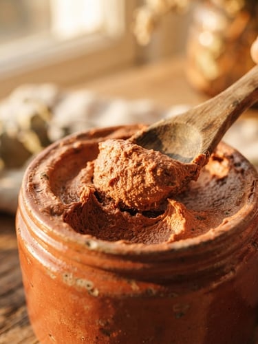 Macro close-up of thick, whipped terracotta-colored botanical cream being scooped, direct warm golden hour sunlight, rich tactile texture, shallow depth of field