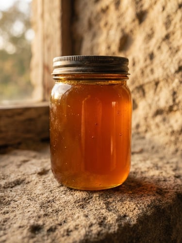 An amber glass jar sitting on a rough natural stone surface, warm golden hour window light, soft shadows, macro close-up