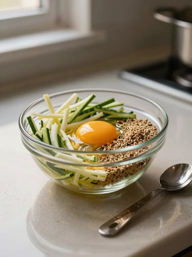 Close-up of a small glass bowl of raw whole-food ingredients — grated vegetables, a raw egg yolk, ground seeds — on a kitchen counter under warm window light, a measuring spoon resting beside the bowl